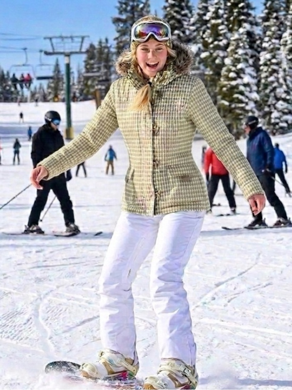 Roxy 5000 Y2K Checkered Ski Snow Jacket with removal Faux Fur trim MED